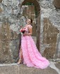 Ball Gown/Princess Off-the-shoulder Tulle Sweep Train Prom Dresses With Beading