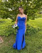 Sheath/Column Sweep Train Sweetheart Silk-like Satin Ruffles Prom Dresses