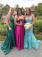 Trumpet/Mermaid V-neck Tulle Sweep Train Prom Dresses With Appliques Lace