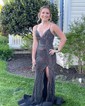 Trumpet/Mermaid V-neck Jersey Sweep Train Prom Dresses With Beading