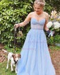 Ball Gown/Princess Sweetheart Lace Tulle Sweep Train Prom Dresses With Appliques Lace