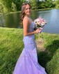 Trumpet/Mermaid Scoop Neck Tulle Glitter Sweep Train Prom Dresses With Appliques Lace