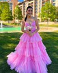 Ball Gown/Princess V-neck Tulle Glitter Sweep Train Prom Dresses With Tiered