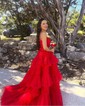 Ball Gown/Princess V-neck Tulle Glitter Sweep Train Prom Dresses With Tiered