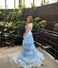 Trumpet/Mermaid One Shoulder Tulle Sweep Train Prom Dresses With Appliques Lace