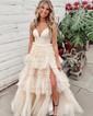 Ball Gown/Princess V-neck Tulle Glitter Sweep Train Prom Dresses With Tiered