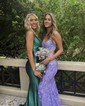 Trumpet/Mermaid V-neck Lace Sweep Train Prom Dresses With Appliques Lace