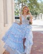 Ball Gown/Princess One Shoulder Tulle Sweep Train Prom Dresses With Appliques Lace