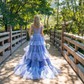 A-line Off-the-shoulder Tulle Glitter Sweep Train Prom Dresses With Appliques Lace