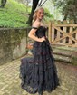 Ball Gown/Princess Off-the-shoulder Tulle Sweep Train Prom Dresses With Appliques Lace