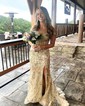 Trumpet/Mermaid Off-the-shoulder Sequined Sweep Train Prom Dresses With Appliques Lace