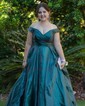 Ball Gown/Princess Off-the-shoulder Organza Sweep Train Prom Dresses With Pockets