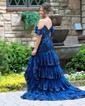 Sheath/Column Off-the-shoulder Tulle Sweep Train Prom Dresses With Appliques Lace