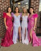 Trumpet/Mermaid Off-the-shoulder Sequined Sweep Train Prom Dresses With Split Front