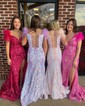 Trumpet/Mermaid Off-the-shoulder Sequined Sweep Train Prom Dresses With Split Front