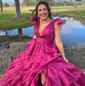 Ball Gown/Princess V-neck Glitter Sweep Train Prom Dresses With Tiered