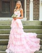 Ball Gown/Princess Sweetheart Tulle Sweep Train Prom Dresses With Appliques Lace