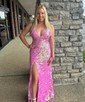 Trumpet/Mermaid V-neck Sequined Sweep Train Prom Dresses With Split Front