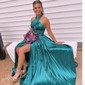 A-line Halter Metallic Floor-length Prom Dresses With Ruched