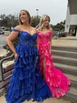 Ball Gown/Princess Off-the-shoulder Tulle Sweep Train Prom Dresses With Tiered