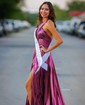 A-line Halter Metallic Floor-length Prom Dresses With Ruched