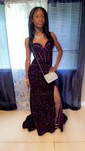 Sheath/Column Sweetheart Velvet Sequins Sweep Train Prom Dresses With Split Front