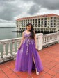 Ball Gown/Princess Sweep Train Off-the-shoulder Tulle Glitter Appliques Lace Prom Dresses