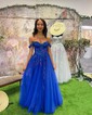 Ball Gown/Princess Sweep Train Off-the-shoulder Tulle Glitter Appliques Lace Prom Dresses