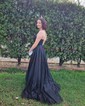 A-line Cowl Neck Glitter Sweep Train Prom Dresses With Ruffles