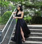 A-line Cowl Neck Glitter Sweep Train Prom Dresses With Ruffles