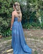 A-line Cowl Neck Glitter Sweep Train Prom Dresses With Ruffles