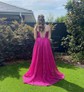 A-line Cowl Neck Glitter Sweep Train Prom Dresses With Ruffles