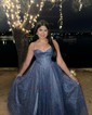 A-line Cowl Neck Glitter Sweep Train Prom Dresses With Ruffles