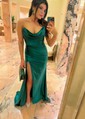 Sheath/Column Sweep Train Cowl Neck Silk-like Satin Ruffles Prom Dresses