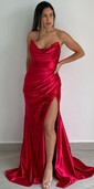 Sheath/Column Sweep Train Cowl Neck Silk-like Satin Ruffles Prom Dresses