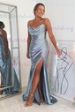 Sheath/Column Sweep Train Cowl Neck Silk-like Satin Ruffles Prom Dresses