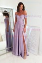 A-line Off-the-shoulder Silk-like Satin Sweep Train Prom Dresses With Split Front