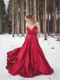 Ball Gown V-neck Satin Sweep Train Prom Dresses