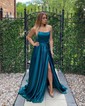 A-line Sweep Train Scoop Neck Silk-like Satin Split Front Prom Dresses