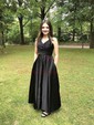 Ball Gown/Princess V-neck Satin Sweep Train Prom Dresses With Ruched