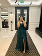 Ball Gown/Princess V-neck Satin Sweep Train Prom Dresses With Ruched