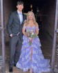 Ball Gown/Princess Off-the-shoulder Tulle Sweep Train Prom Dresses With Appliques Lace