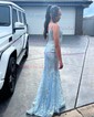 Trumpet/Mermaid V-neck Tulle Sweep Train Prom Dresses With Sequins