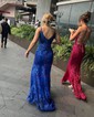 Trumpet/Mermaid V-neck Tulle Sweep Train Prom Dresses With Sequins