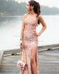 Trumpet/Mermaid V-neck Sequined Sweep Train Prom Dresses With Beading