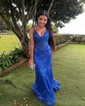 Trumpet/Mermaid V-neck Tulle Sweep Train Prom Dresses With Appliques Lace