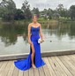 Trumpet/Mermaid Straight Silk-like Satin Sweep Train Prom Dresses With Beading