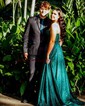 A-line Cowl Neck Glitter Sweep Train Prom Dresses With Pockets