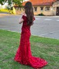 Trumpet/Mermaid Off-the-shoulder Lace Tulle Sweep Train Prom Dresses With Flower(s)