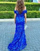 Trumpet/Mermaid Off-the-shoulder Lace Tulle Sweep Train Prom Dresses With Flower(s)